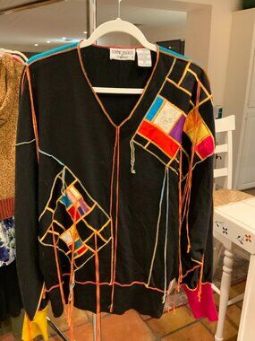 Vintage Bonnie Boerer Art Knit Sweater Abstract Patchwork Fringe Avant Garde L